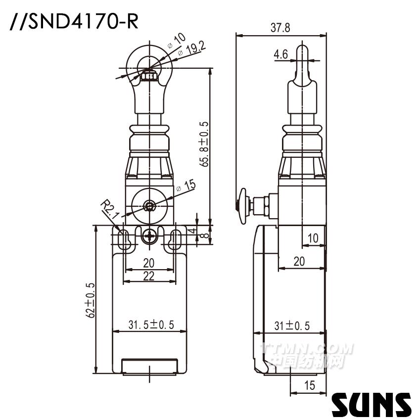 SUNS美国三实单向动作式拉绳开关SND4170-R安全拉绳开关 手动复位拉绳开关尺寸图