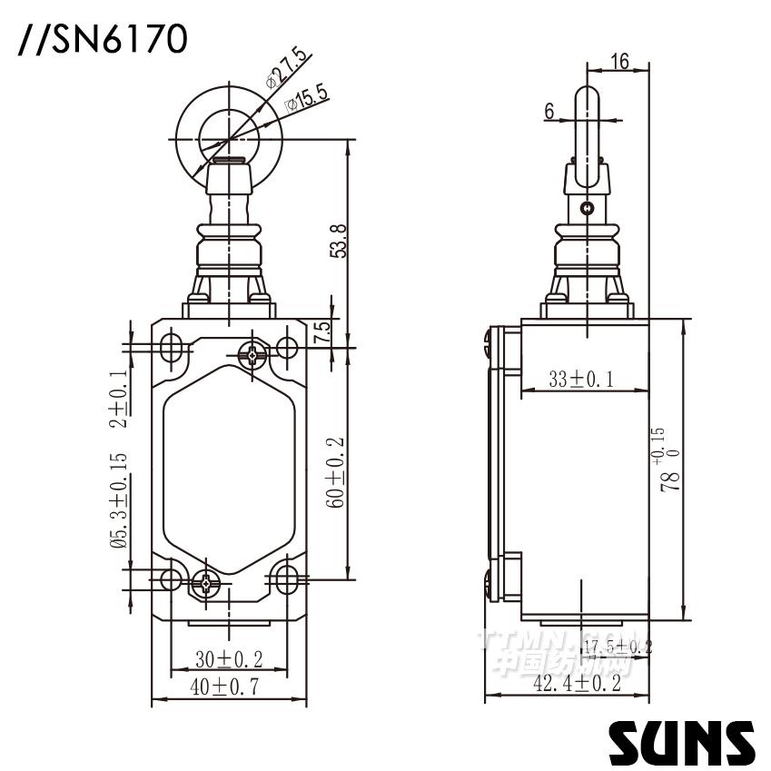 SUNS美国三实自复位拉绳开关SN6170安全拉绳开关 单向动作式拉绳开关 尺寸图