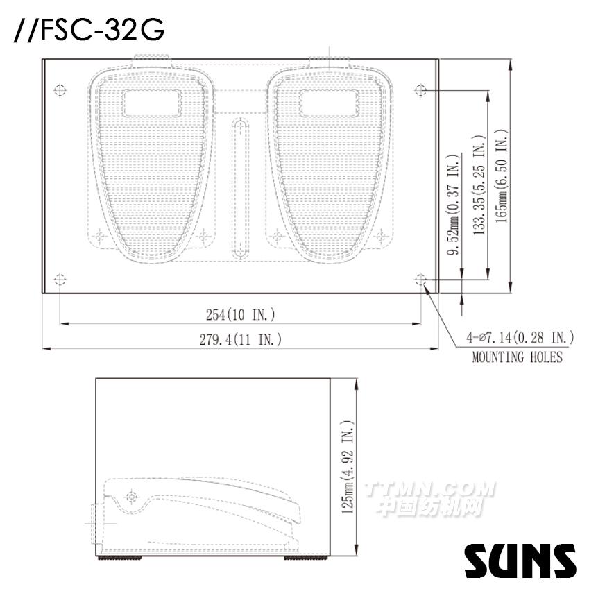 SUNS美国三实带防护罩脚踏开关FSC-32G-20双踏板脚踏开关 尺寸图